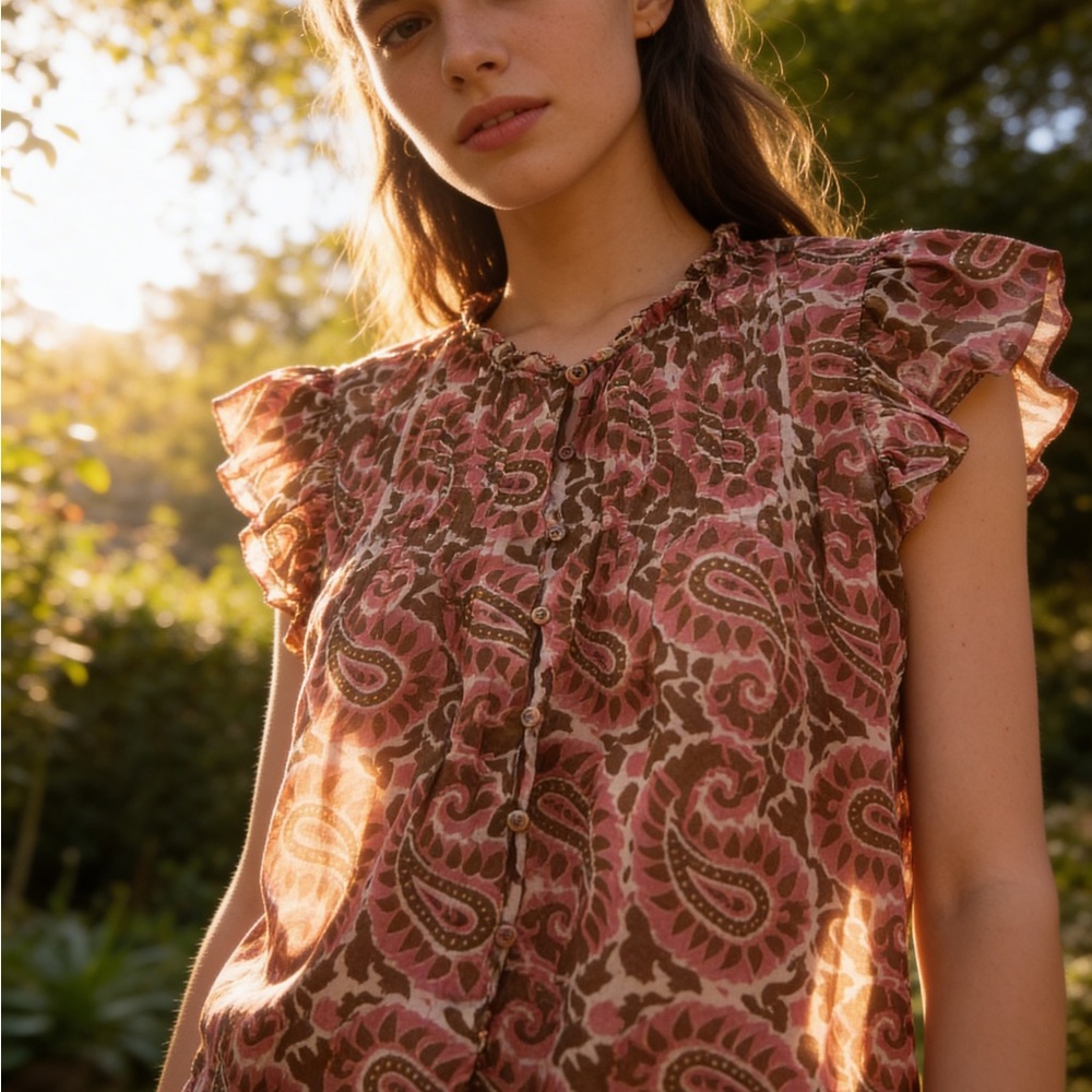 Women’s Pink/Brown Paisley Ruffle Sleeve Button-Front Top